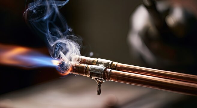 Brazing copper pipes with a torch, creating a strong joint with flowing molten metal