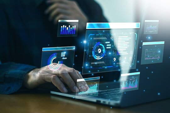 Business investment analysis powered by AI and automation with digital dashboard, charts, and performance indicators for strategic management.