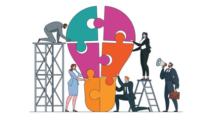 Puzzle shaped lightbulb with people on ladders vector illustration © SERINA AKTHER