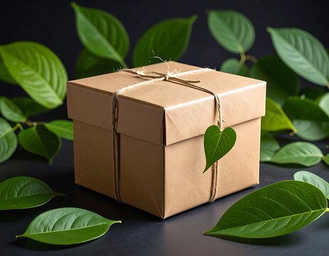 Brown paper parcel with green leaves.