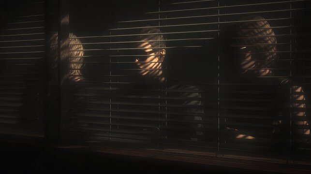 meeting with blinds closed and only projector light illuminating faces