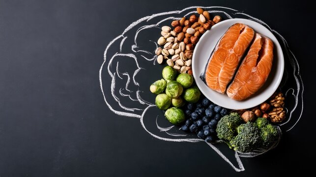 Brain-shaped chalk drawing with healthy foods for mental acuity