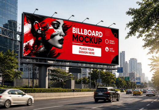 Outdoor Billboard Mockup on City Highway Street with Traffic