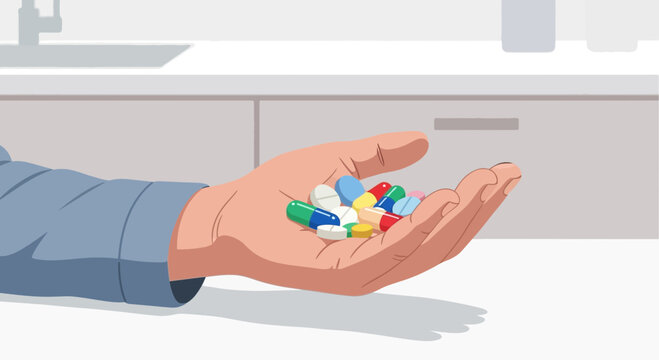 Hand holding diverse colorful pills and capsules, healthcare concept