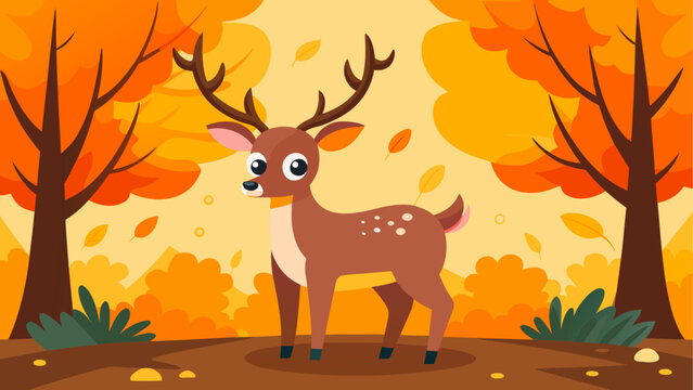 Autumn deer, cartoon forest, fall season, wildlife illustration, vector graphics