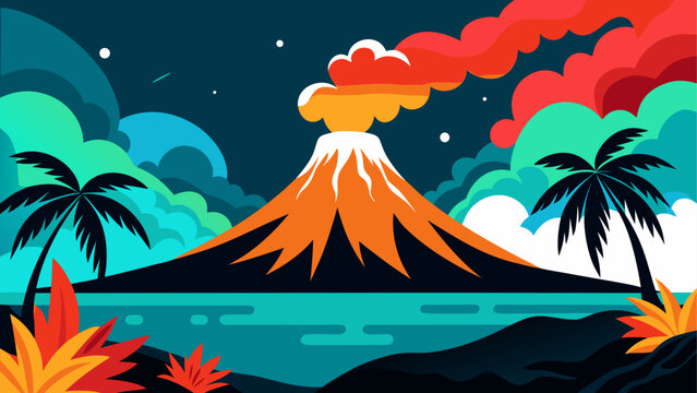 Erupting volcano, tropical island, vector illustration, night scene, volcanic landscape