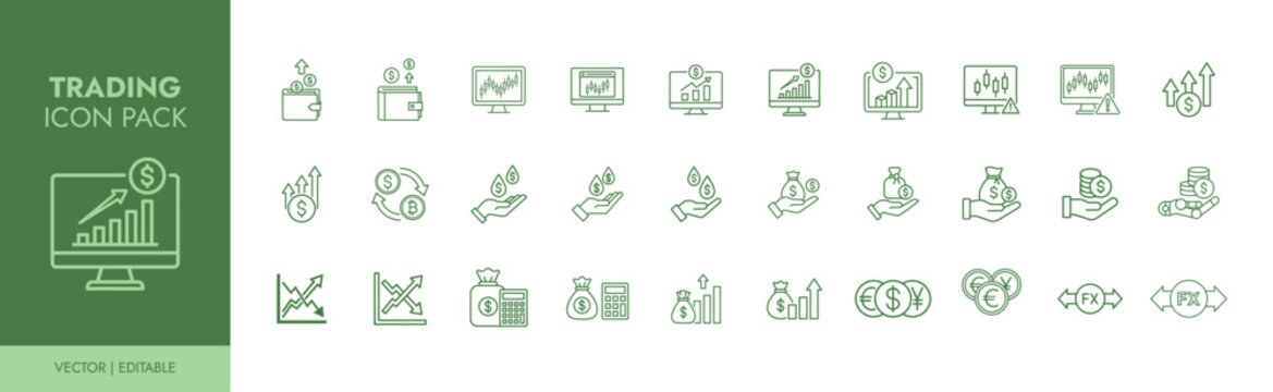 A set of green line icons depicting various trading and finance concepts