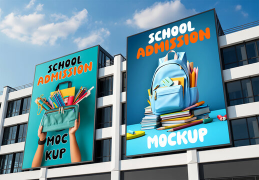 Outdoor building facade with large vertical billboard mockup