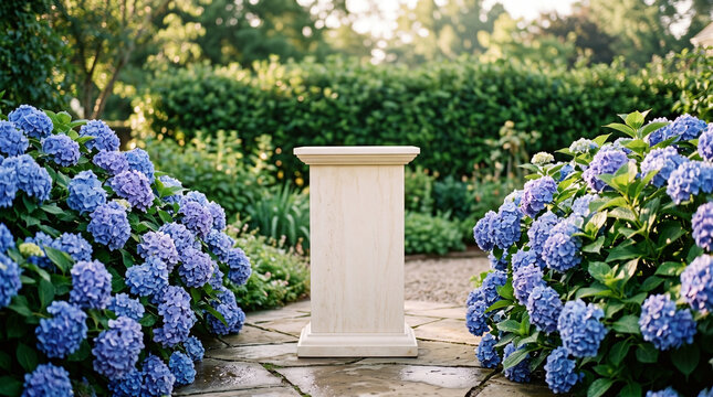 Empty white stone pillar pedestal podium mockup with blue hydrangea flowers, square column display stage background in summer garden for cosmetic product showcase template