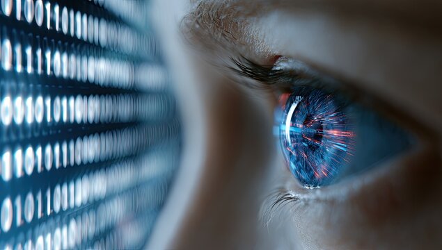 Extreme close-up of a blue eye reflecting complex binary code, abstract digital display
