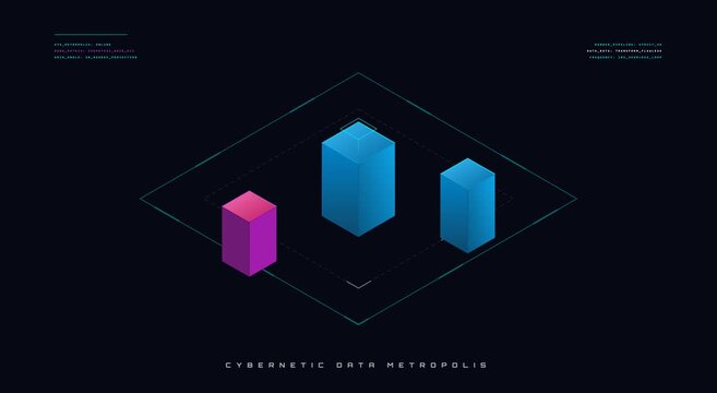 Isometric cybernetic data visualization with pulsing digital bar graphs animation