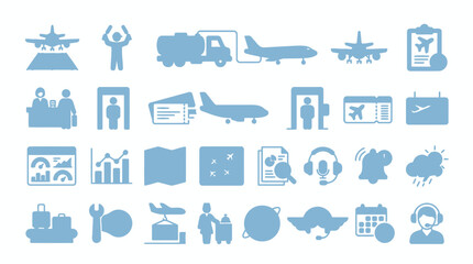 Naklejka premium Light blue silhouette icons for airport ground handling and passenger services.