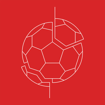 Abstract outline of soccer ball on red square background have blank space.