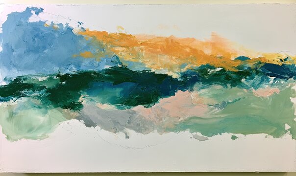 Broad strokes of blues, greens, oranges, and pinks create abstract landscape