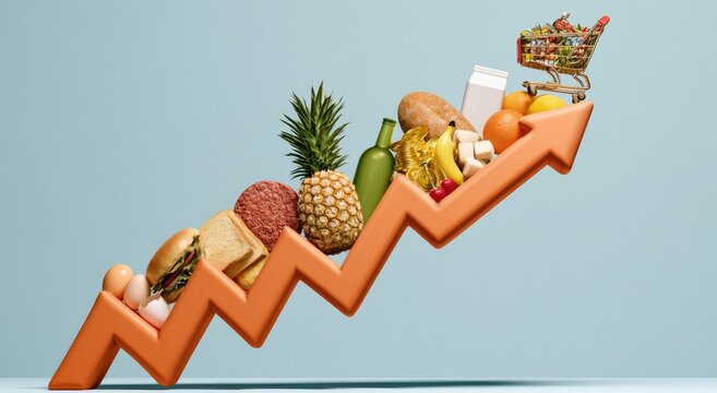Orange arrow chart with groceries and shopping cart shows rising costs