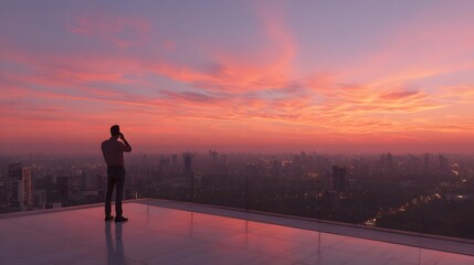 Fototapeta premium CEO making discreet phone call on rooftop helipad at sunset