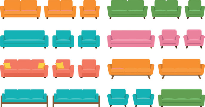 Modern furniture icon set with colorful sofas comfortable armchairs living room couches and lounge suite combinations flat vector illustration.
