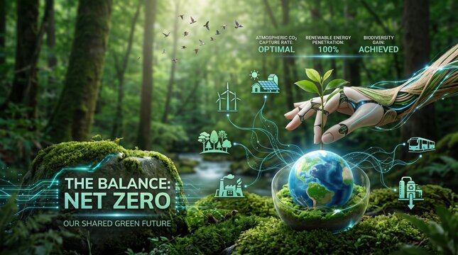 Net zero sustainability concept with robotic hand planting tree sapling in forest
