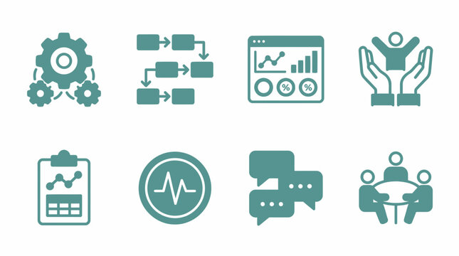 Professional business workflow and performance analysis icons set for modern corporate and digital project management.