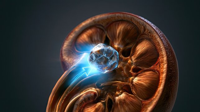 Medical illustration of a kidney with a stone being broken by shockwaves