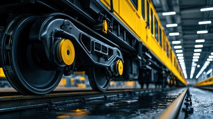 Obraz premium Close-up on the heavy, industrial wheels and tracks of a bright yellow train