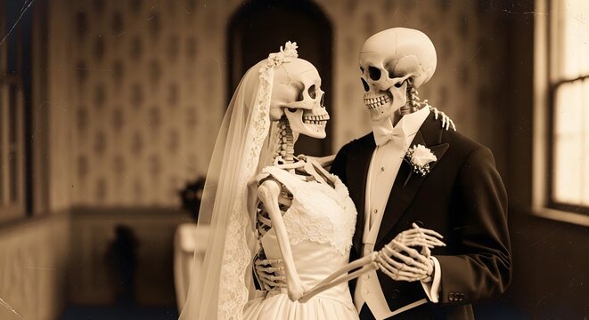 Spooky yet elegant skeleton lovers hugging in vintage wedding dress