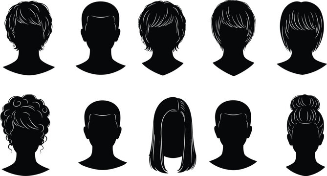 Cartoon hairstyle silhouettes, diverse haircuts, black head icons, curly and straight styles, updos, short and long hair, trendy design