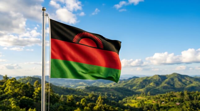 National flag of Malawi waving on flagpole with scenic green mountains and bright blue sky background