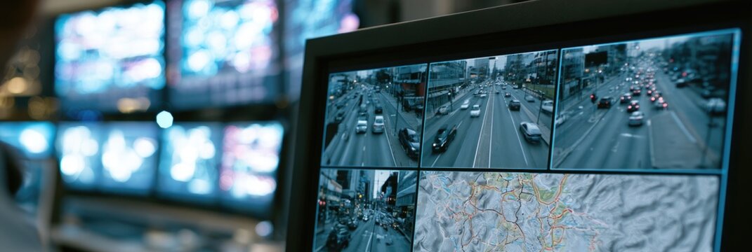 Multiple screens display surveillance footage of city traffic, buildings, and a map