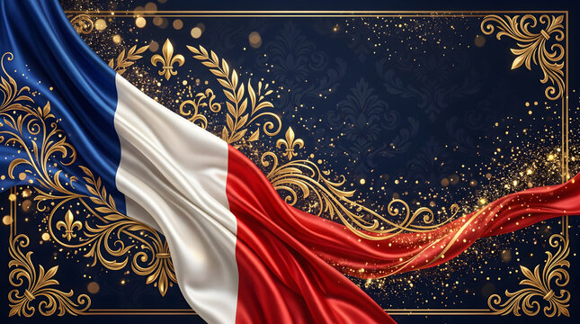 Luxury French Flag Background With Golden Ornamental Design.