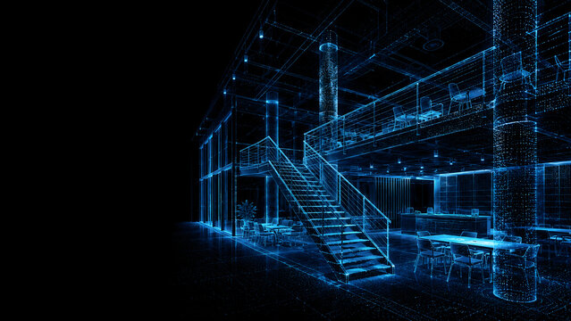 Complex Building Interior Rendered as Blue Point Cloud 3D Laser Scan BIM and Architecture Concept
