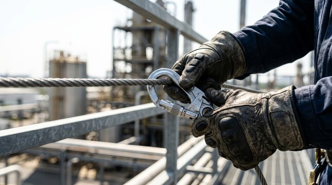 An industrial worker in heavy gloves attaching a safety carabiner to a steel cable on a catwalk.