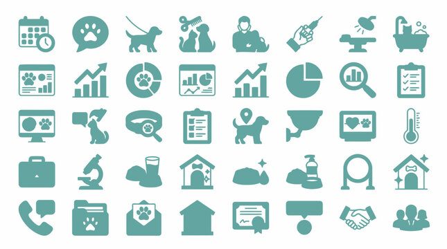 Set of veterinary clinic and pet care flat icons.