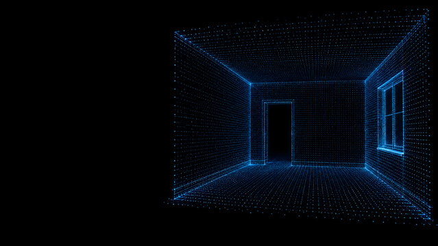 Empty Room Rendered as Blue Point Cloud 3D Laser Scan Interior BIM and Surveying Concept