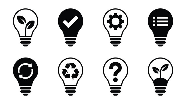 Light bulb symbol set with question marks in black and white, vector illustration for brainstorming, ideas, and knowledge discovery themes.