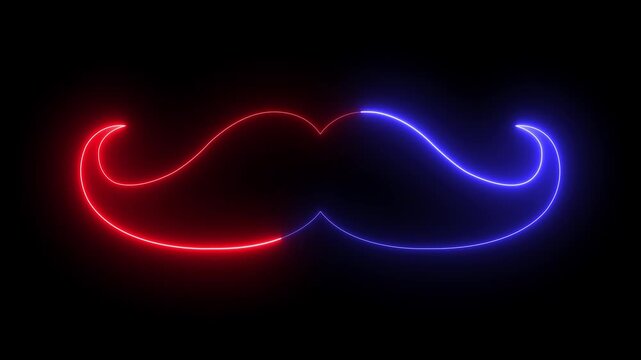 glowing Neon mustache icon animation on black background. representing facial hair barber shop and gentleman style concepts. 4k video animation.