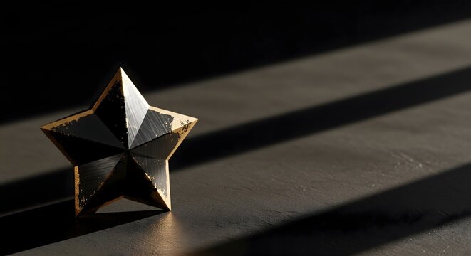 Glossy black and gold metal star shape standing on a dark surface