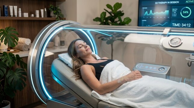 A woman relaxing inside a modern hyperbaric oxygen therapy chamber in a wellness clinic.