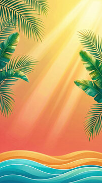 Vertical tropical beach background with waves, sand and palm leaves, cheerful optimistic design with large copy space for summer promotion