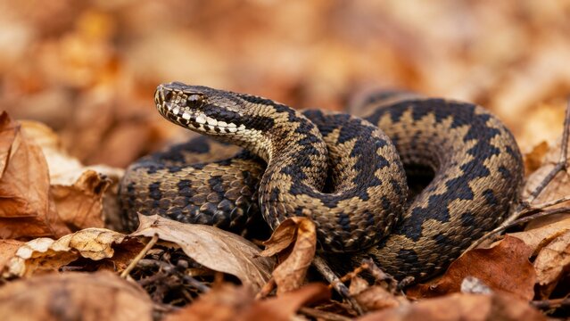 A coiled common European adder rests among dry leaves, showcasing its striking patterns and colors in a natural setting.