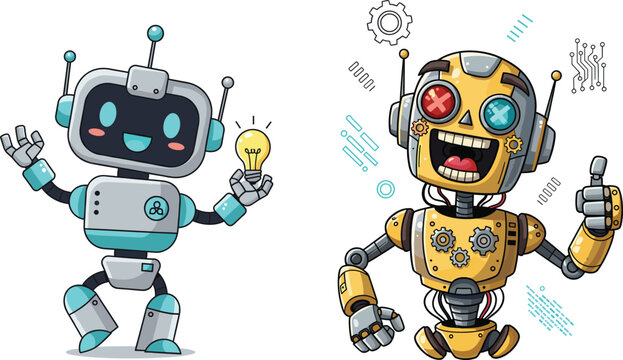 Cartoon robot illustration, AI characters, friendly robot, mechanical bot, technology concept, innovation, digital design, artificial intelligence, tech icons, engineering theme
