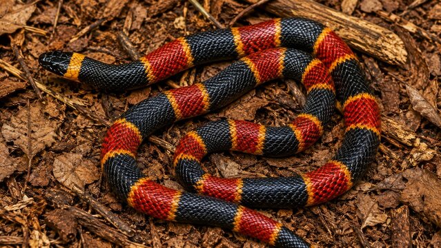 A vibrant a slender Coral Snake with distinct black, red, and yellow bands lies on a bed of leaves in a natural habitat.
