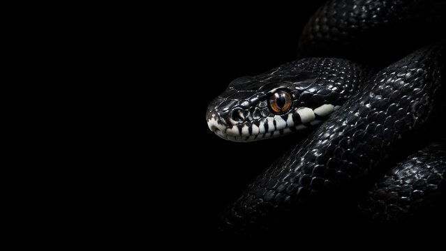 A close-up of a black snake with striking features, highlighting its scales and eyes against a dark background, creating a mysterious and captivating atmosphere.