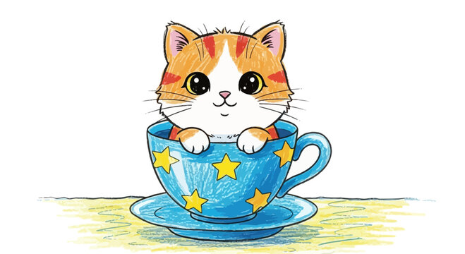 Cute Cartoon Ginger Kitten Sitting Inside a Blue Starry Teacup