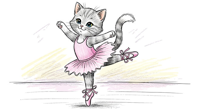 Cute Cartoon Kitten Ballerina Dancing in Pink Tutu