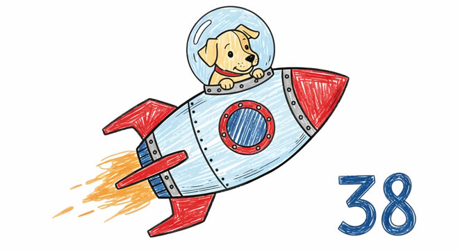 Cute Cartoon Puppy Astronaut in Space Rocket with Number 38
