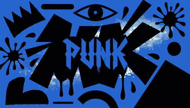 Punk rock art, blue graffiti background, abstract vector design, black shapes