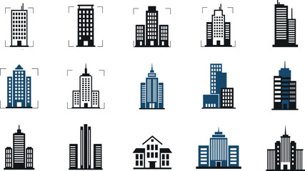 Obraz premium Corporate office building and skyscraper vector icon set featuring real estate apartments towers and city landmarks for commercial property business development