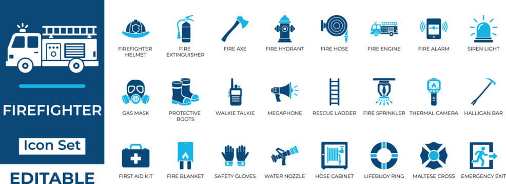 Firefighter and emergency rescue equipment vector icon set. Includes fire safety elements like fire engine, extinguisher, and helmet.