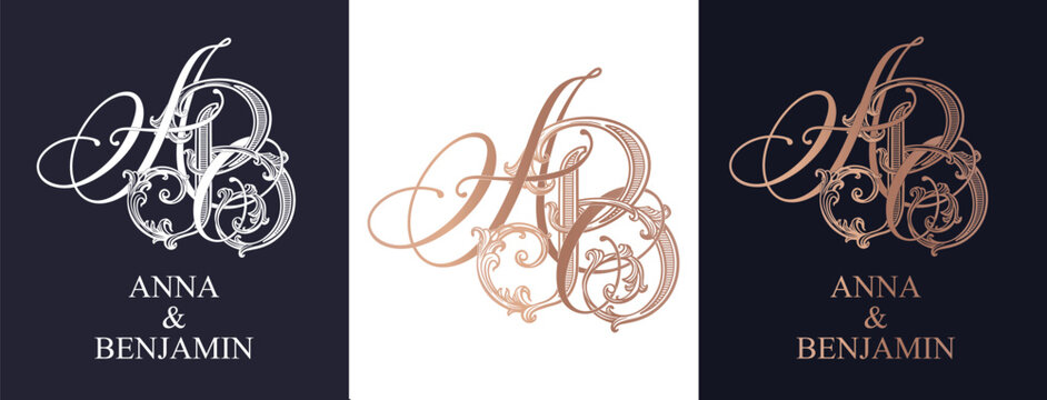 AB BA initials logo designed in a luxury wedding style. Romantic monogram for invitations, wedding stationery and family celebrations.